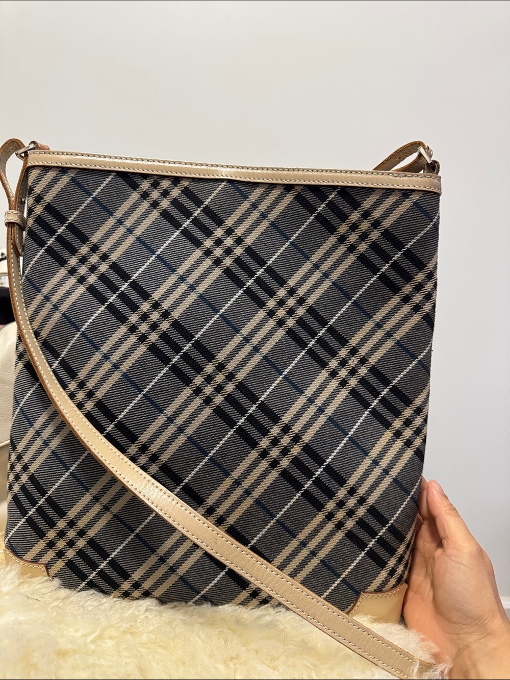 Plaid Crossbody Shoulder Bag in Black and Beige